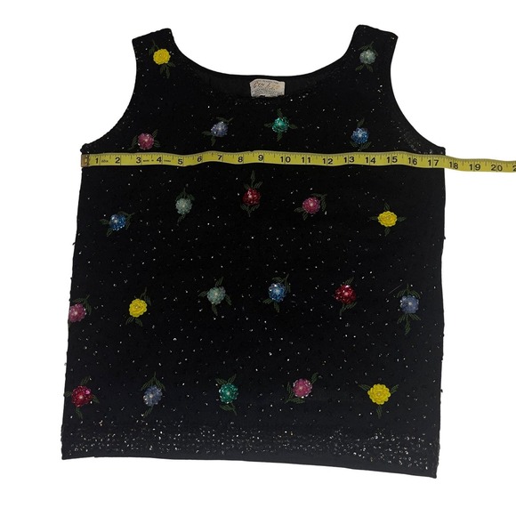 Vintage Sleeveless Sweater - Cyn Les Hand Beaded Sequin Rosette Black - Size 36 - Picture 5 of 11